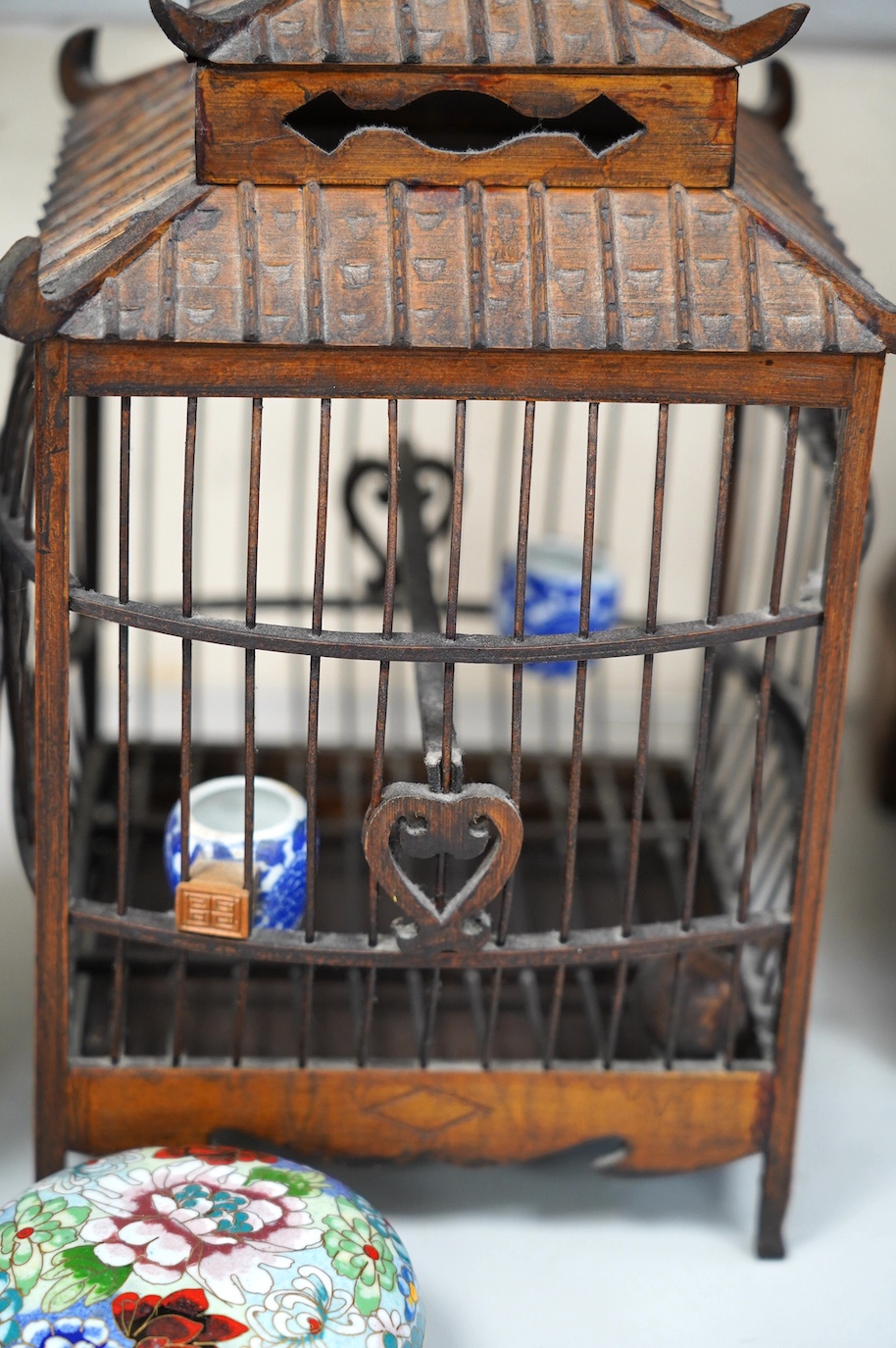 A Chinese birdcage, cloisonné enamel vase and circular box and cover, tallest 39cm. Condition - fair to good